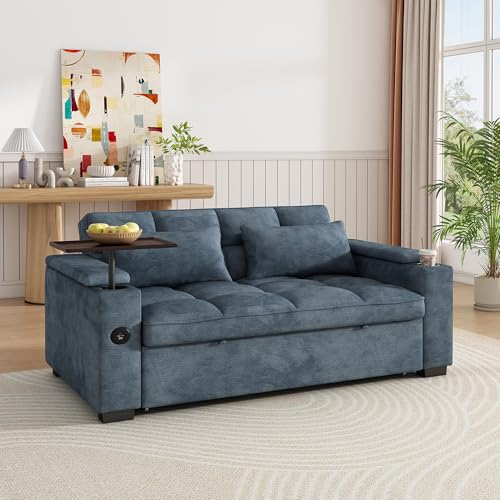 Image of Dreamzie 65'' Convertible Sleeper Sofa Bed with 90 Swivel Side Table, Chenille Pull Out Couch for Living Room, Loveseat Sleeper with Hidden Storage Space | Charging Port | Cup Holders, Blue