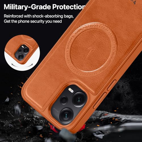 Image of Vaku Luxos Maxtron Back Cover Case for Xiaomi Redmi Note 12 Pro Leather Stitched Magnetic Magsafe TPU Shockproof Case Camera Screen Protector- Brown