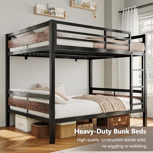 Image of iPormis Metal Bunk Bed Full Over Full, Heavy Duty Bunk with High Guardrail and Safety Entrance Design, Under-Bed Storage Space, Easy Assembly, Noise Free, Rustic Brown