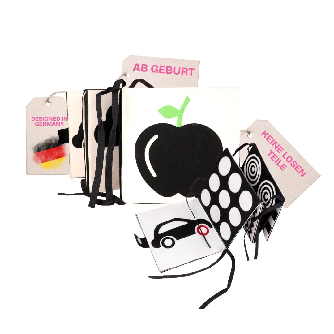 Jolly Designs Black & White Jumbo – Kontrastbuch ab Geburt, Schwarz-Weiß-Buch für Babys, 10 Seiten mit starken Kontrasten & Farbakzenten, Stoffbuch für visuelle Wahrnehmung, 20 × 20 cm