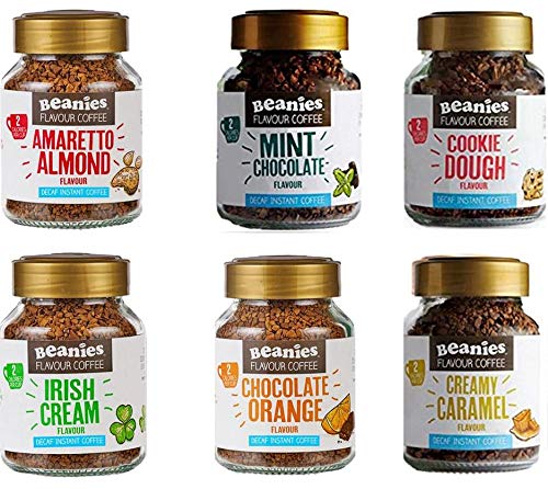 6x Beanies Flavored Instant DECAF Coffee Jars: Creamy Caramel, Cookie Dough, Mint Chocolate, Irish Cream, Chocolate Orange & Amaretto Almond