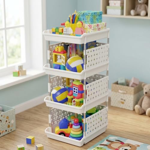 Image of JD Fresh 4 Tier Plastic Storage Drawer Organizer /Stackable Kitchen Organiser Rack /Breathable Design Shelf Storage Stand /Multipurpose Storage Rack for Kitchen, Office, kids room and Pantry (White)