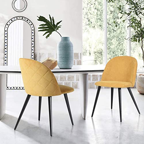 Image of Amazon Brand - Umi Romantic Vintage Side Dining Chair - Rustic Fabric Upholstered Seat with Black Powder-Coated Metal Legs for Elegant Home Dcor in Yellow