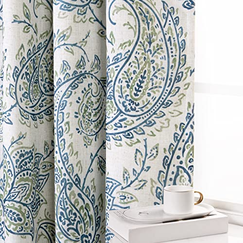 Driftaway Jacob Linen Blend Blackout Tie Up Curtain For Kitchen Scroll Floral Linen Curtains Paisley Printed Tie Up Shade For Bedroom Adjustable Balloon Rod Pocket 45 Inch By 63 Inch Blue Green 2 Pack #TOP3