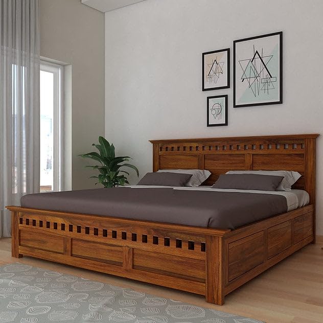 Image of Wooden King Size Bed with Storage | Double Bed Cot Bed with Box Storage for Bedroom & Hotel | Sheesham Wood | Natural Teak Finish | Recommended Mattress Size: 78X72
