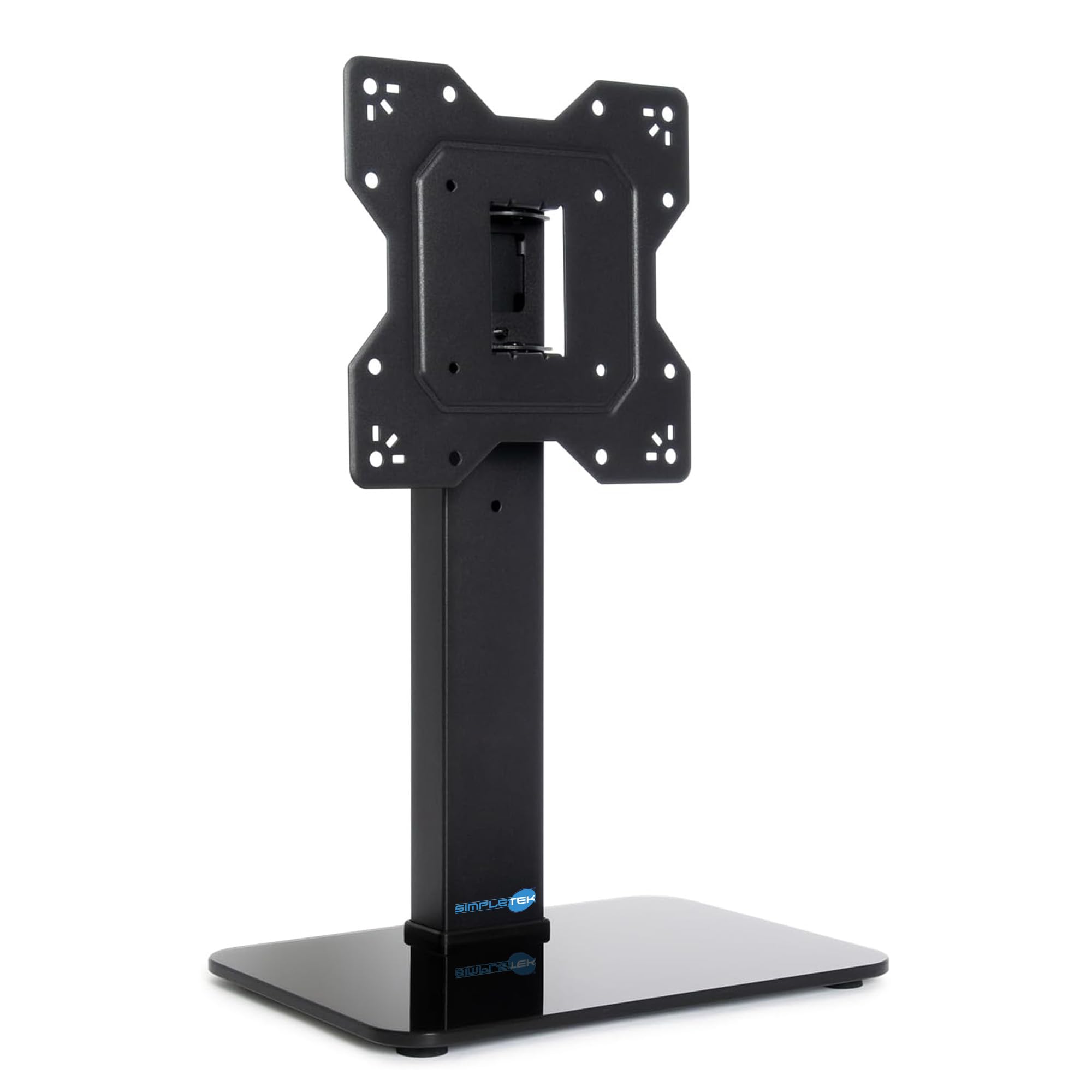 SIMPLETEK - Supporto da Tavolo Universale per Monitor e TV 23"-43" - Base in Vetro Temperato - Max 40kg - VESA 200x200 - Design Slim Nero