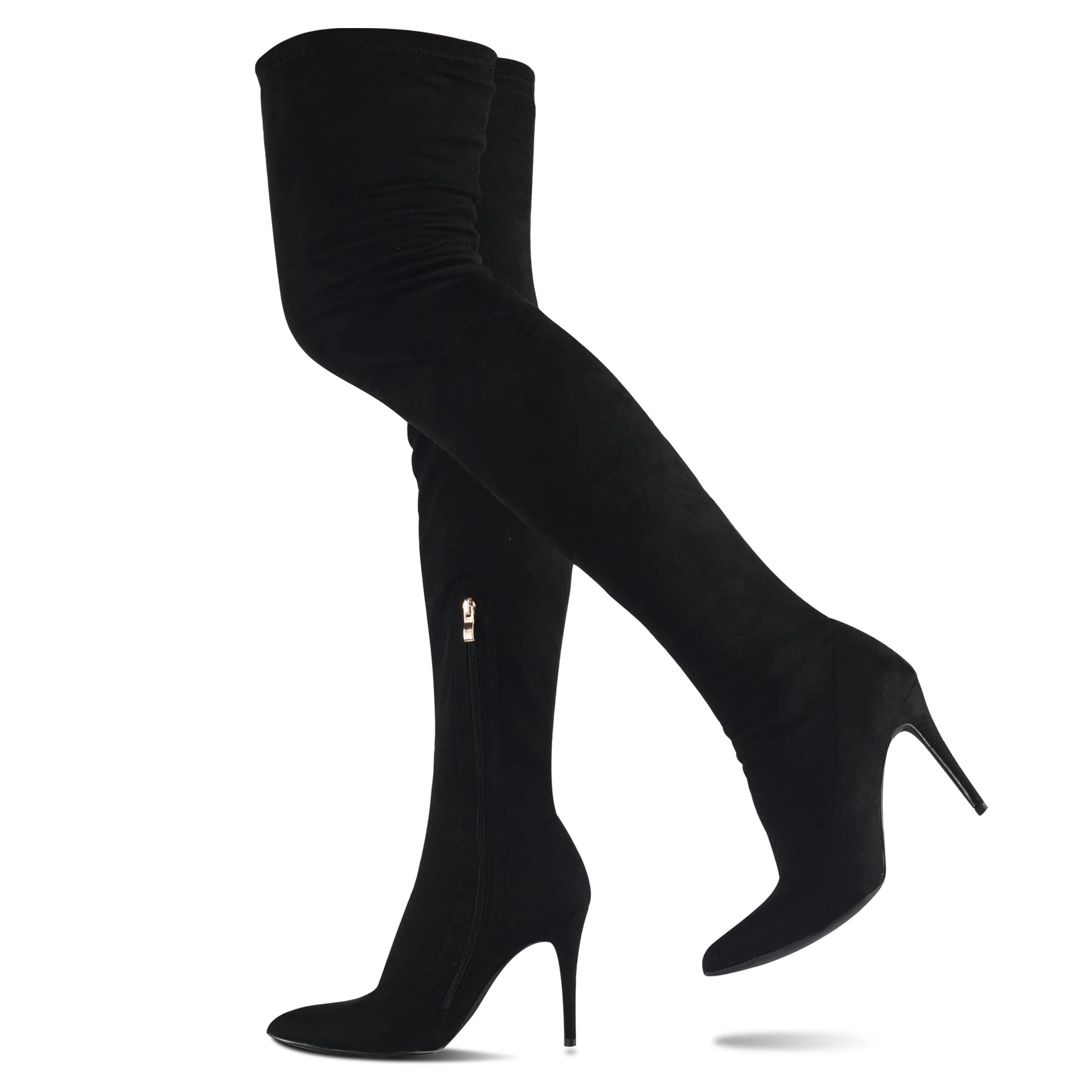 CAMSSOO Womens Thigh High Boots Faux Suede Elasticity Heels Over The Knee Boots Side Zip Pointed Toe Fashion