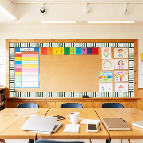 Image of Whaline 32.8 Ft Classroom Bulletin Board Borders, Gradient Sage Green Color | Dot Stripe Die-Cut Rolled Border Trim, for Back to School Chalkboard Wall Decoration