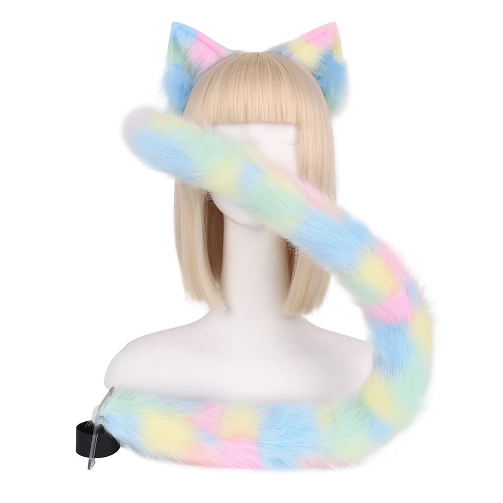 QinRuan Animal Cosplay Costume Accessories Furry Faux Fur Cat Ears Headband and Fox Tail Set Halloween Accessory: 2-rainbow