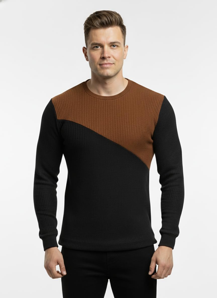 Men's Color Block Ribbed Knit T Shirt, Long Sleeve Round Neck Pullover with Diagonal Design, Red and Black-image-15