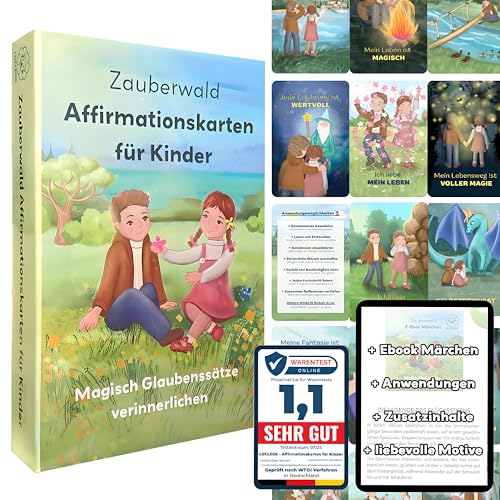 Zauberwald Affirmationskarten für Kinder – 35 Stück für Selbstvertrauen, Achtsamkeit & Positives Denken – Wertevermittlung durch Märchen für Familien & Pädagogen – inkl. Anleitung & Märchen E-Book