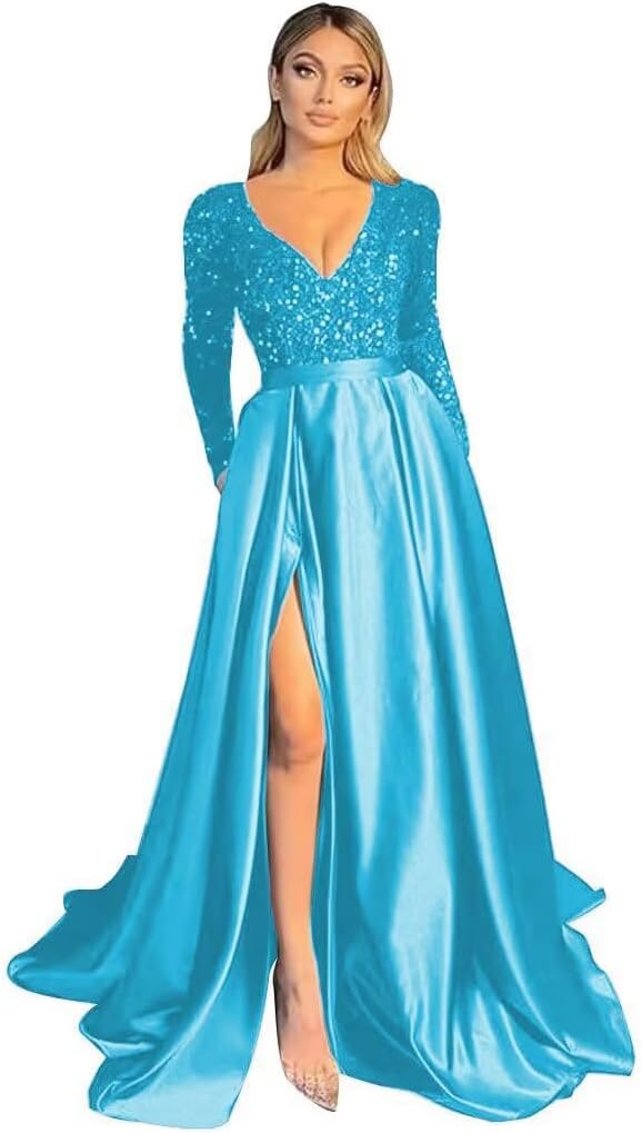Rjer Long Sleeve Sequin Prom Dresses Satin Ball Gown Slit V Neck Formal Evening Gowns with Pockets - Image 7