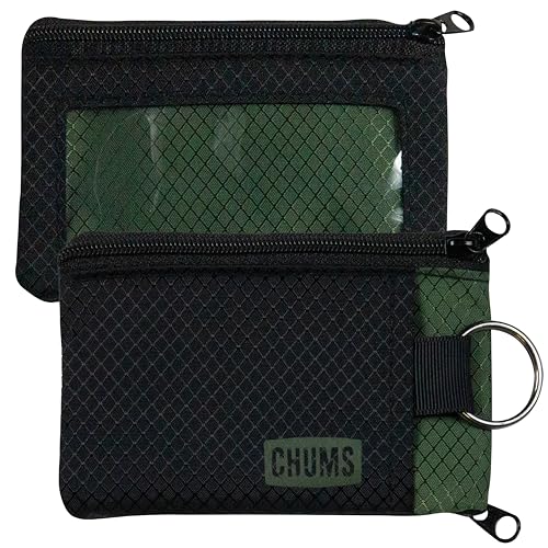 Chums Surfshorts Wallet - Lightweight Slim Wallet with RFID Blocking Card & Clear ID Window - Zippered, Water Resistant w/Key Ring (Olive/Black)