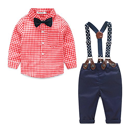 Kimocat Toddler Boy Clothing Sets Plaid Shirt Bowtie and Suspender Strap Pants Outfits Red