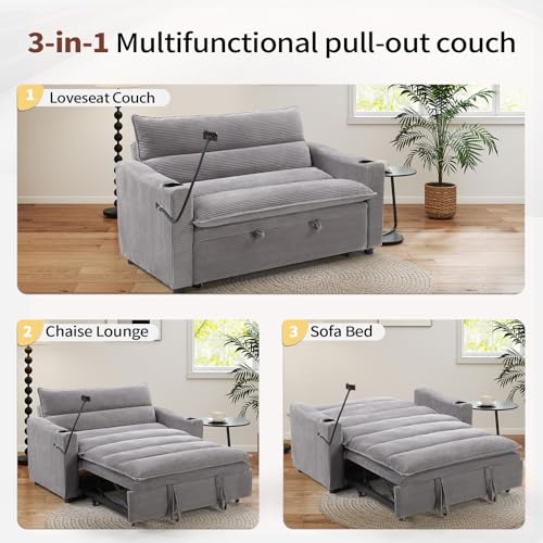 Image of HAOMARKETS 3-in-1 Convertible Loveseat Sleeper Sofa Bed, 2-Seat Pull Out Couch with Cup Holders, Phone Holder and USB Ports, Corduroy 3-Level Adjustable Backrest Couches for Living Room, Grey