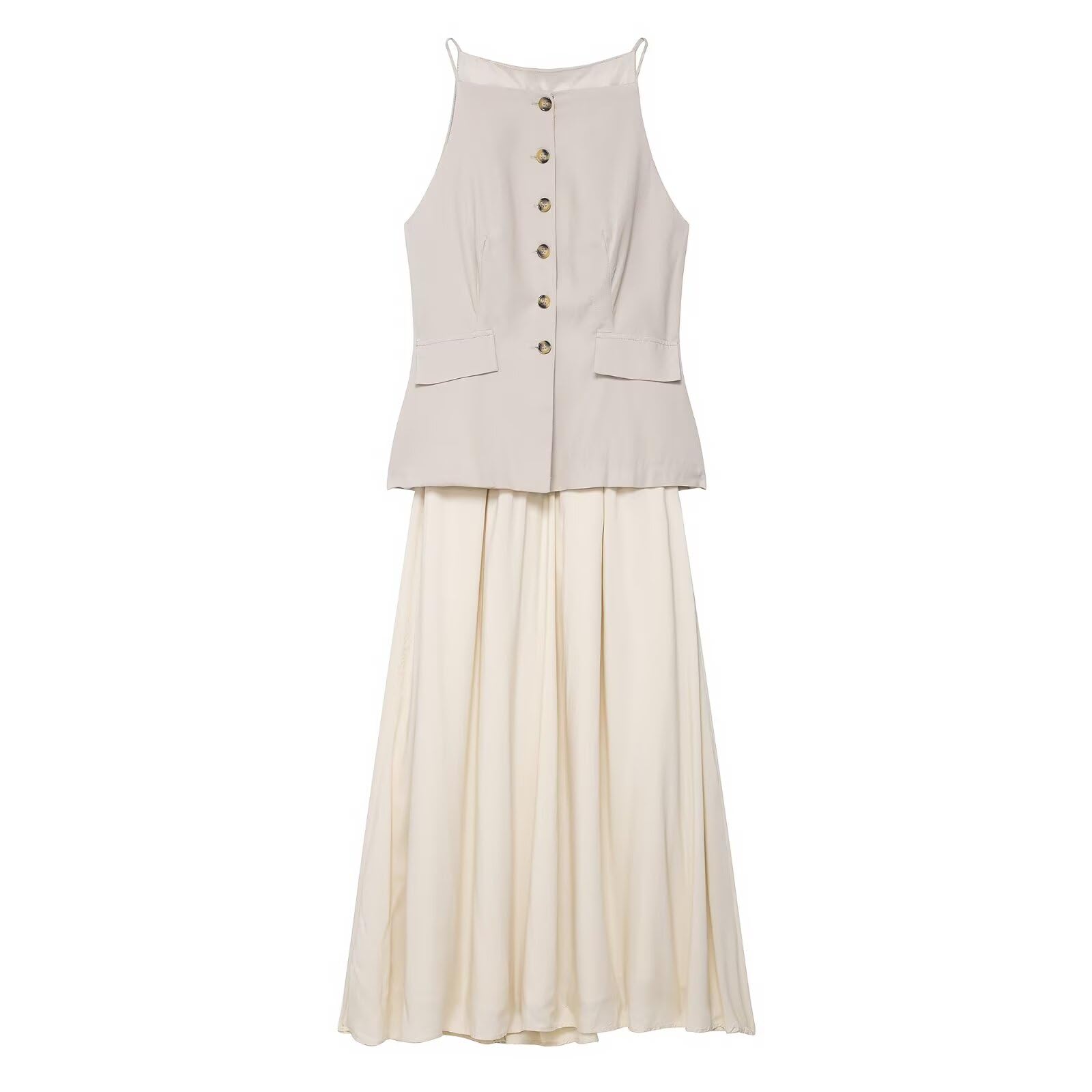 Womens Stylish Combination Midi Dress Button-Up Waistcoat Top with Crinkle-Effect Pleated Skirt