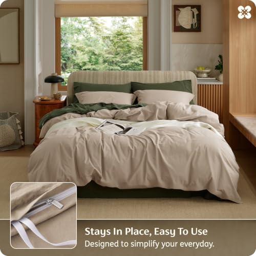 Image of Bedsure PureWoven 100% Washed Cotton Duvet Cover Set, Full Size, 3-PC | Linen Like Texture, Percale Breathable Bedding Set for All Seasons, Zipper Closure, 8 Corner Ties, Frosted Almond, 80 inch x 90 inch