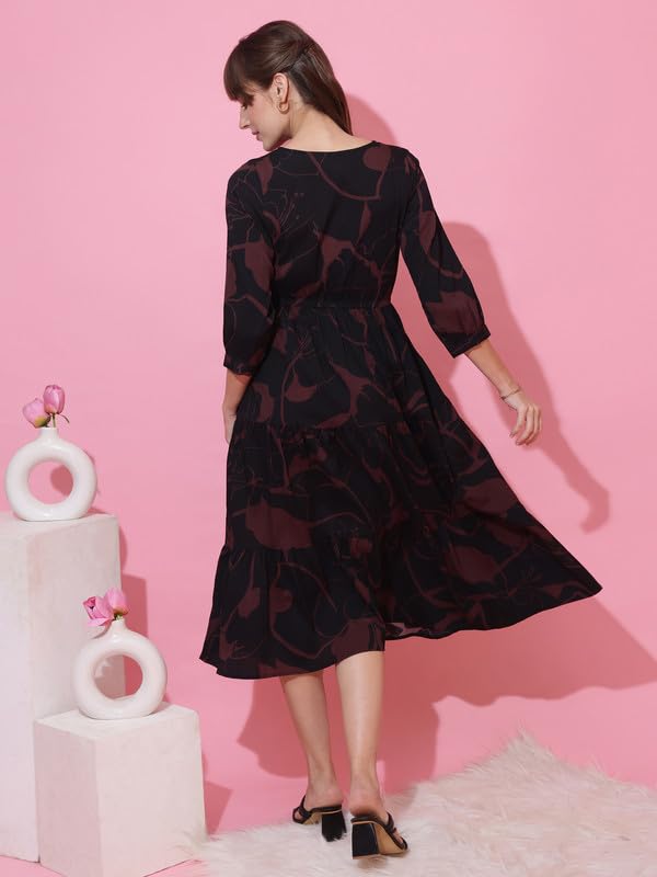 Image of Sheetal Associates Women's Casual 3 /4 Sleeve Crepe Fit and Flare Dress| Comfortable Relaxed Fit Summer Party Dress