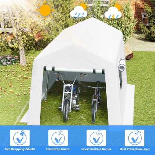Image of Jocoevol 8x10 FT Enclosed Carport with Roll-up Windows, Removable Sidewalls & Doors and Wind Ropes for Bike Motorcycle, White