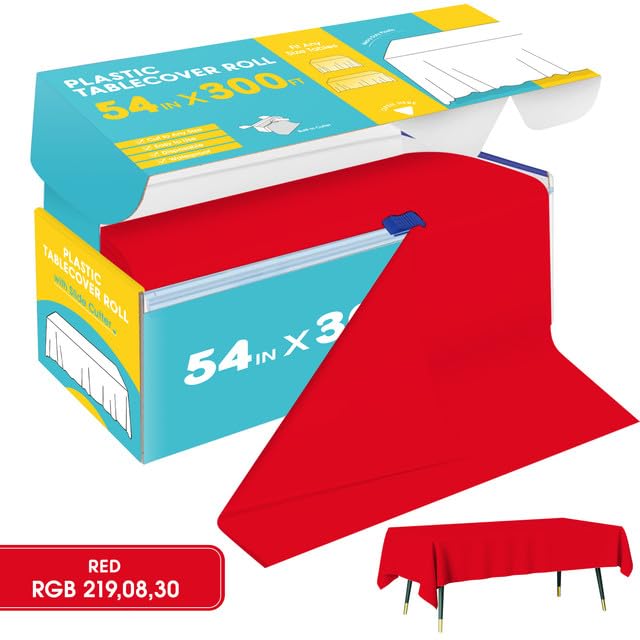 Image of Niuara Red Plastic Table Cover Roll - 54IN x 300FT, Table Cloth for Rectangle Table with Slide Cutter, Plastic Table Cloth Disposable with Cut-to-Size Design for Weddings, Banquets, Parties
