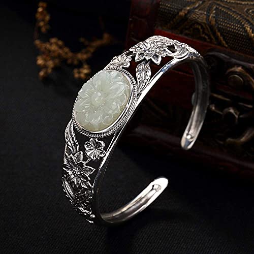 CAOMEIYING Damen Armreif, S925 Sterling Silber Intarsien Hetian Jade Lotus Retro Klassische Öffnung Einstellbare Exquisite Armreif Mit Schmuckschatulle Mode Cover