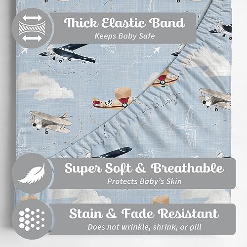 Image of Crib Sheets Neutral - Fitted Baby Crib Sheets Bed for Girl Boy - 2 Pack Standard & Toddler Mattress - Buttery Soft Organic Cotton Blend (Airplanes in the Clouds)