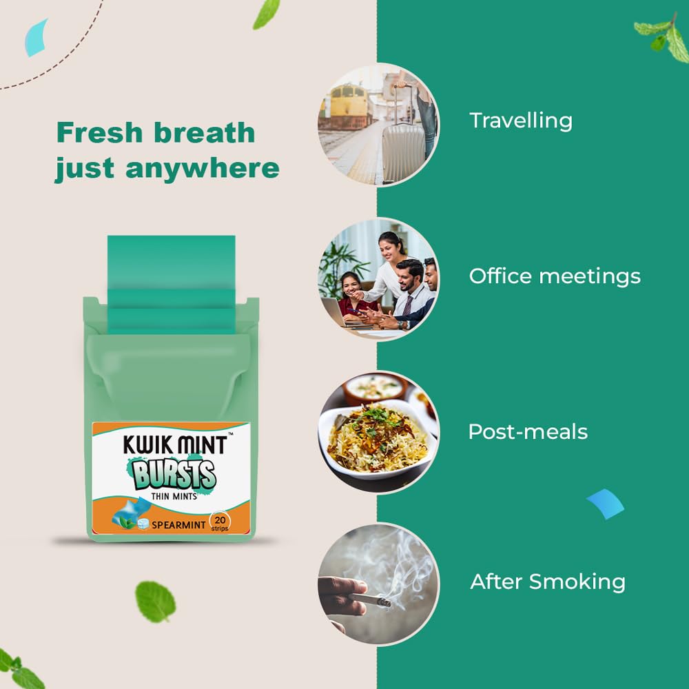 Kwik Mint Bursts Sugar Free Mouth Freshener Oral Care Strips, Spearmint Flavour for Fresh Breath | Refreshes Your Throat, Clear Nostrils- 200 Strips - Pack of 10 (Spearmint Blister Pack) 4