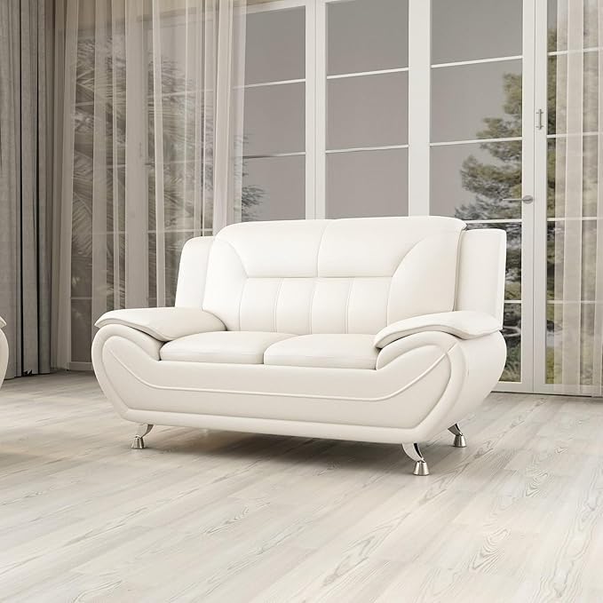 Conjunto de sofá de cuero blanco moderno - 3 plazas + 2 plazas, sofá individual adecuado para sala de estar contemporánea, estilo claro, material y