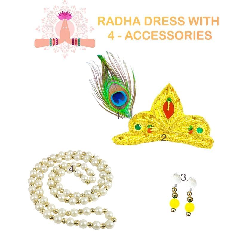 Image of Sarvda Krishna & Radha Dress for Kids - Complete Janmashtami Costume Sets with Dhoti /Lehenga, Mukut, Mor Pankh, Bansuri & Accessories | Fancy Dress for Baby Boys & Girls