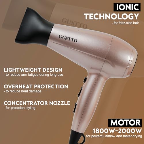Image of Hair Dryer for Women | Fast Drying, Low Heat Damage, Smooth & Frizz-Free Hair | 1800-2000W Professional Blow Dryer with Cool Shot | Gustto Elevate (Rose), BIS Certified