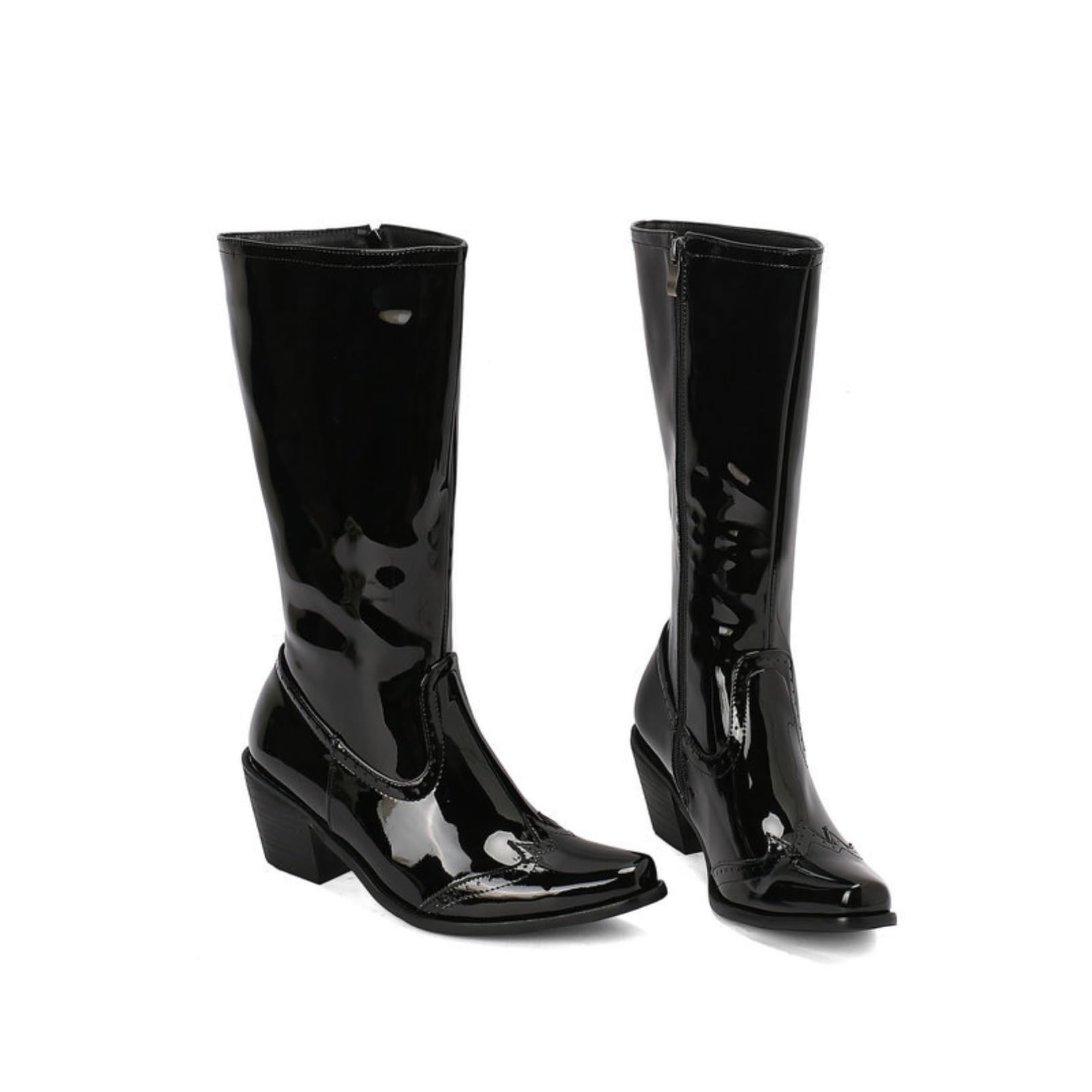 Mujer Botas Altas Sencillas De Punta Cuadrada Tacón De Bloque Grueso Botas Largas De Cuero Charol Plataforma Botas De Montar Altas Cremallera Lateral Color Sólido