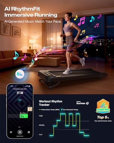 Image of Smart Treadmill with 9% Auto Incline, Hiking and Running Walking Pad Treadmills for Home Office, Treadmill with UREVO APP, AI Powered Music Course, HIIT Programs Synced to Scenic Route, One-Click Mute