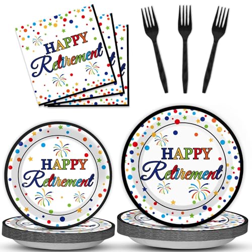 200 Pcs Happy Retirement Party Supplies Serve for 50 Guests Colorful Retirement Tableware Set Table Decor Retired Theme Dessert Plates Napkins Dinnerware Party Favor for Men Woman Indoor Outdoor Decor