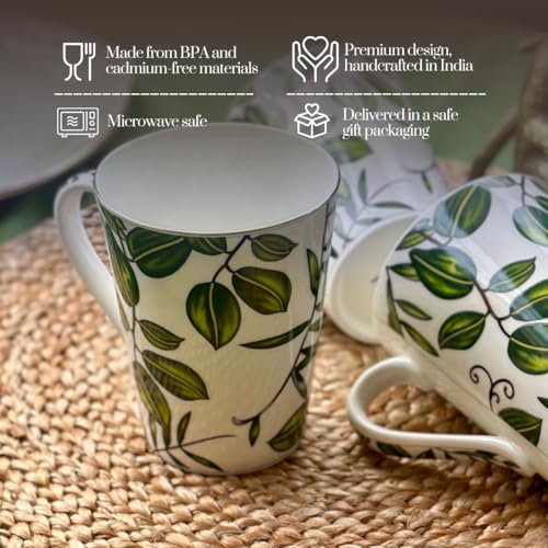 Image of GOLDEN QUEEN'S Mugs Set of 2 for Coffee, Tea, Milk - Ideal for Your Daily Beverage Ritual, Hosting & Casual Gatherings - Elegant Foliage in Green