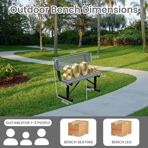 Image of 4ft Gray Metal Park Bench with Backrest, Heavy Duty Outdoor Benches Weatherproof Steel Long Playground Bench Seats, Commercial Garden Benches Red Dock Benches for Lawn, Park, Deck,Patio, Porch