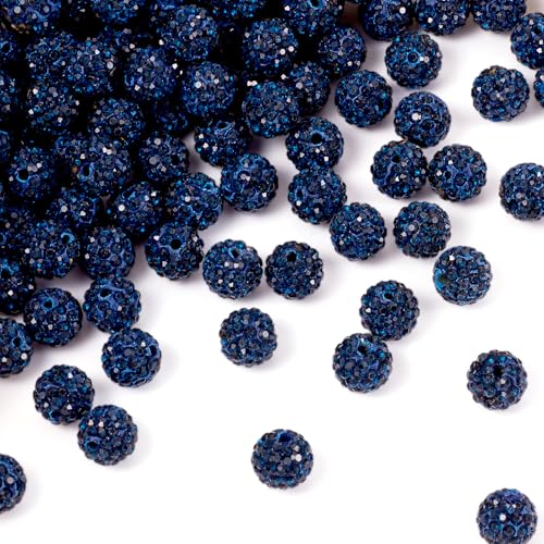 Beadthoven 100pcs 10mm Navy Blue Rhinestone Beads Pave Disco Ball Round Polymer Clay Rhinestone Beads for Necklace Bracelet Jewelry Making