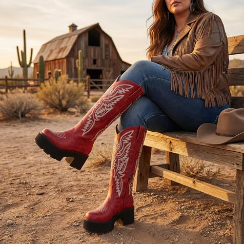 Image of Uillnoodu Wide Calf Cowboy Boots Women Adjustable Lace Up Knee High Tall Plus Size Cowgirl Boots Western Style Comfortable 2-Inch Heel