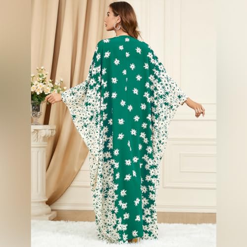 Image of OBEEII Muslim Dress for Women Loose Batwing Sleeved Hooded Beaded Embroidery Long Abaya Dress Kaftan Abayas Islamic Robe