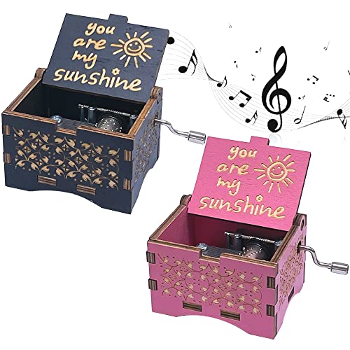 mellystore 2 Pieza Caja de Música You Are My Sunshine Caja de Música de Manivela de Madera Caja Musical Tallada a Mano del Tema Retro para Familiares Amantes Niños Navidad Aniversario Negro/Rosa Cover