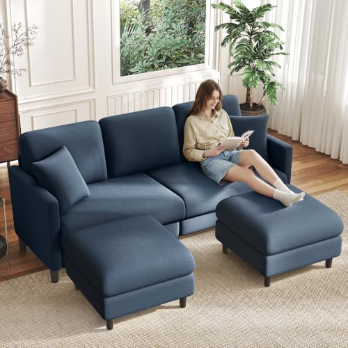 Image of Welzona 83 inch Couches for Living Room, Teddy Sofa Couch with Storage Ottomans, U Shaped Couch with Movable Ottomans, Tool-Free Modular Sectional Sofa, All-Wood Sofas for Living Room 2 Pillows, Blue Grey