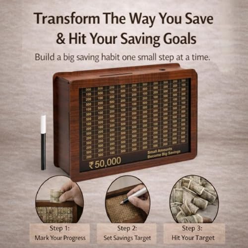 Image of PulGos 50k Wooden Money Saving Box with Marker, Goal Counter Piggy Bank