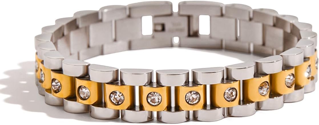 14K Gold Plated Chain Bracelet for Women - Stainless Steel Cubic Zirconia Two Toned Chunky Link Bracelet Gifts for Her - Womens Waterproof 7 Inches Gold Bracelets