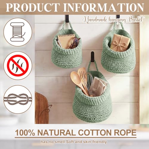 Image of Honeydak 3 Hanging Baskets, Sage Green, Barrel, Cotton Rope