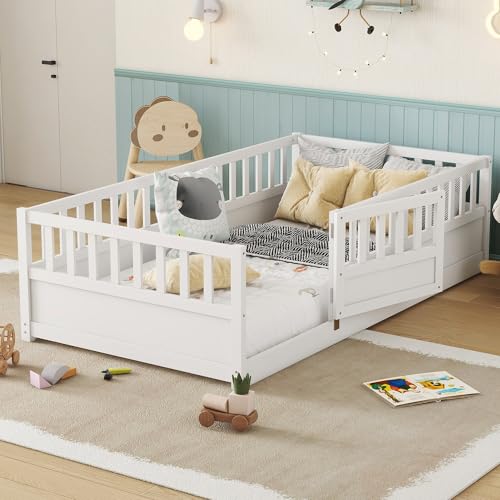 Image of Bellemave Twin Size Kids Montessori Floor Bed with Slats,Solid Wood Floor Bed Frame with High Fence and Door for Kids,Girls,Boys,Twin,White