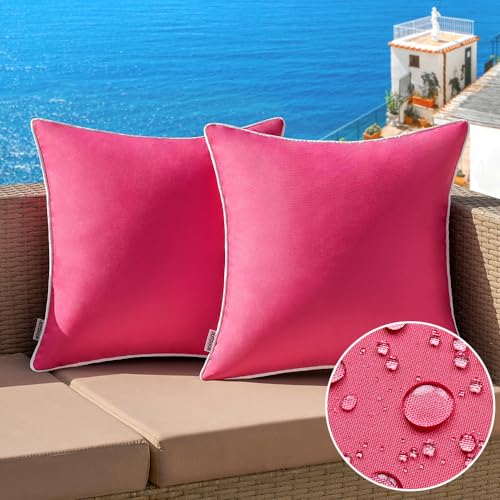 MIULEE Pack of 2 Outdoor Waterproof Pillow Covers Decorative Farmhouse Throw Pillow Covers Square Solid Color Couch Pillow Covers Spring for Patio Tent Bed Sofa Living Room 18x18 Inch Hot Pink