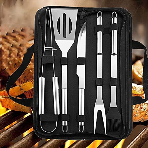Mokshith Grill Accessories, 5 Pcs BBQ Tools Grilling Tools Set with Stainless Steel Knife, Spatula, Tongs, Fork, Silicone Basting Brush for Men Dad Women Outdoors or Kitchen with Grill Case Free