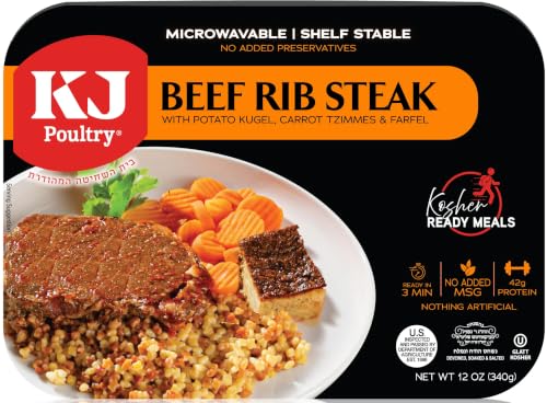 Image of KJ Poultry Kosher Ready Meals - Beef Rib Steak & Kugel, MRE Meat Meals Ready to Eat, Shabbos Food (1 Pack) Prepared Entree Fully Cooked, Shelf Stable Microwave Dinner Travel Military Camping Survival