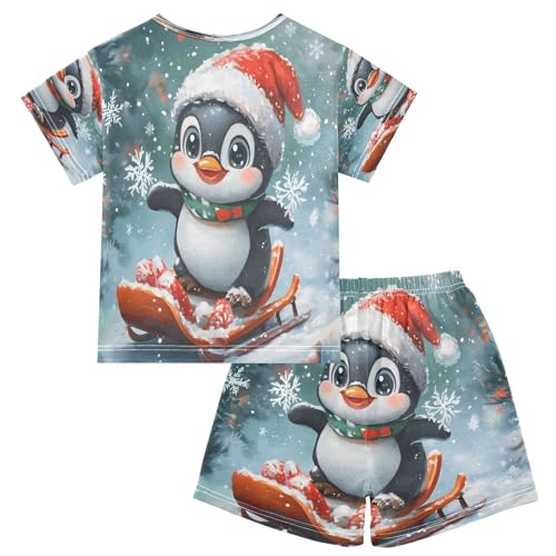 ALAZA Christmas Penguin Bird Snowflake Winter Pajamas Set Short Sleeve Cotton Sleepwear Summer Pjs 2 Piece 5-14Y2