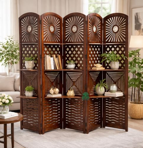 Image of Wooden Room Divider 6 Feet, 5-Panel Folding Wooden Partition for Living Room, Office, Pooja Room, Restaurant, Kitchen & Balcony