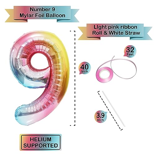 Image of 40 Inch Giant Rainbow Number 9 Balloons, Birthday Balloons, Helium Mylar Foil Big Number Balloons for Birthday Party Decorations, Kids' Birthday Anniversary Party Baby Shower Unicorn Parties